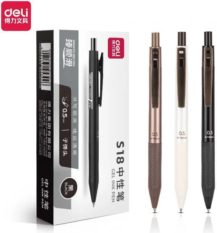 Gelinis rašiklis Deli S18 0,5 mm, įvairių spalvų korpusas, juodos spalvos šerdelė