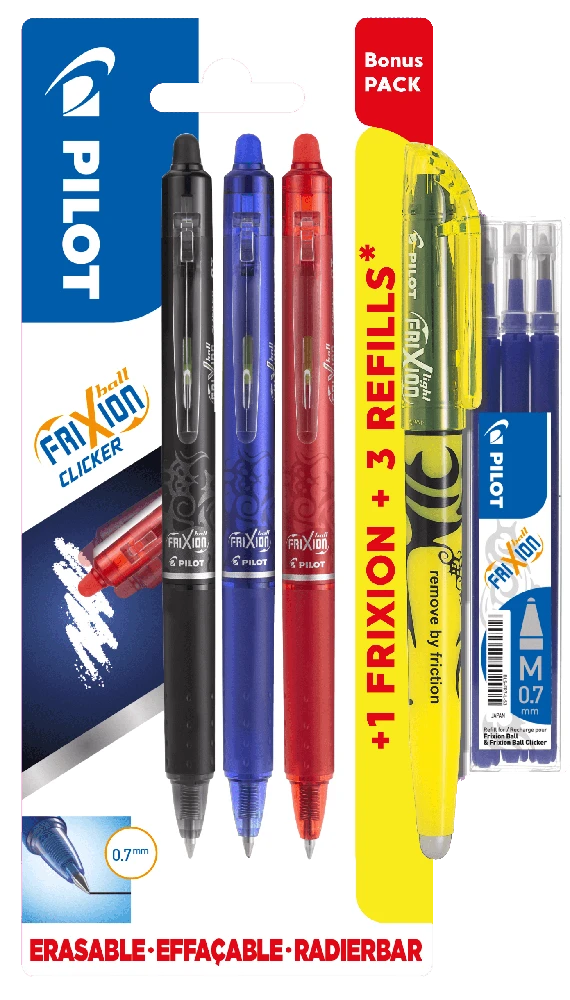 Pilot Pen Gelinis rašiklis Pilot Frixion Clicker 0,7 mm, ištrinamas, 3 vnt./pakuotėje + geltonas teksto žymeklis + šerdelės blisteryje