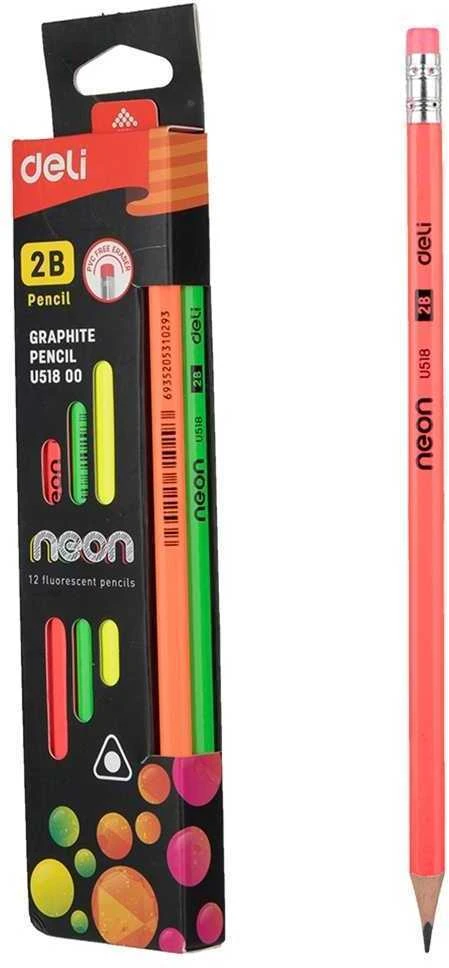 Grafitinis pieštukas Deli Neon, 2B, neoninių spalvų, su trintuku