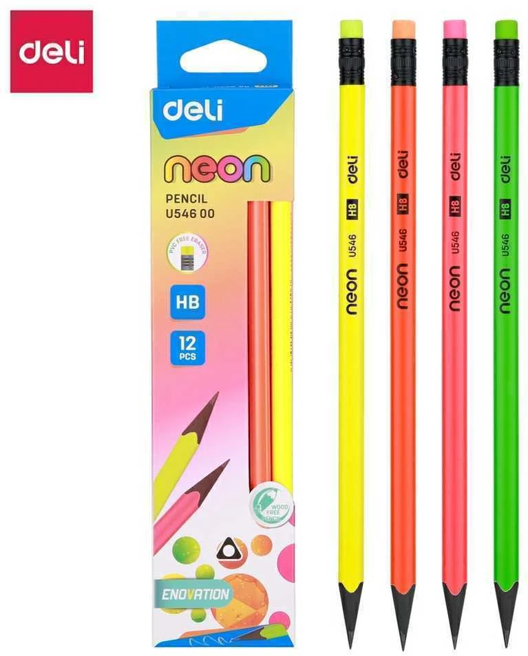 Grafitinis pieštukas Deli Neon U54600, HB, neoninių spalvų, su trintuku