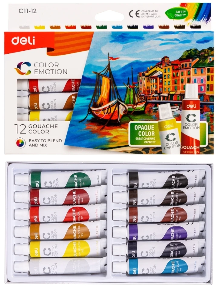 Guašas DELI, 12 spalvų, 12 ml tūbelėse