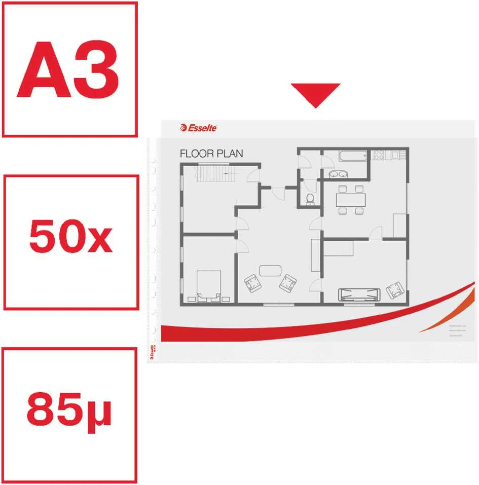 Įmautės Esselte, A3, 75 mikr., matinė, horizontali, pakuotėje 50 vnt.