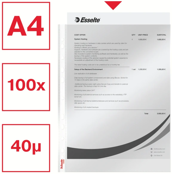 Leitz Įmautės Esselte, A4, 40 mikr., blizgios (100) 0809-103