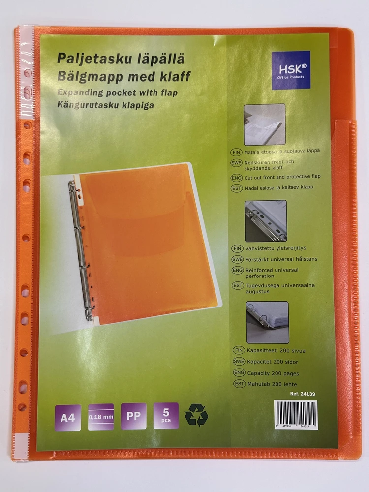 Įmautės HSK, A4, su praplatėjimu, matinės, su kišenėle, 5vnt, oranžinės spalvos