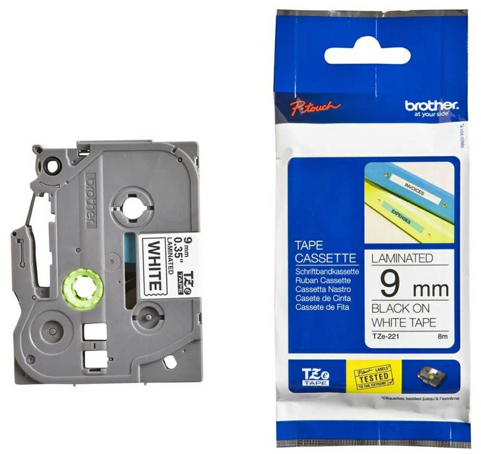 Brother | TZe-221 Laminated Tape | Juodas on Baltas | TZe | 8 m | 9 cm