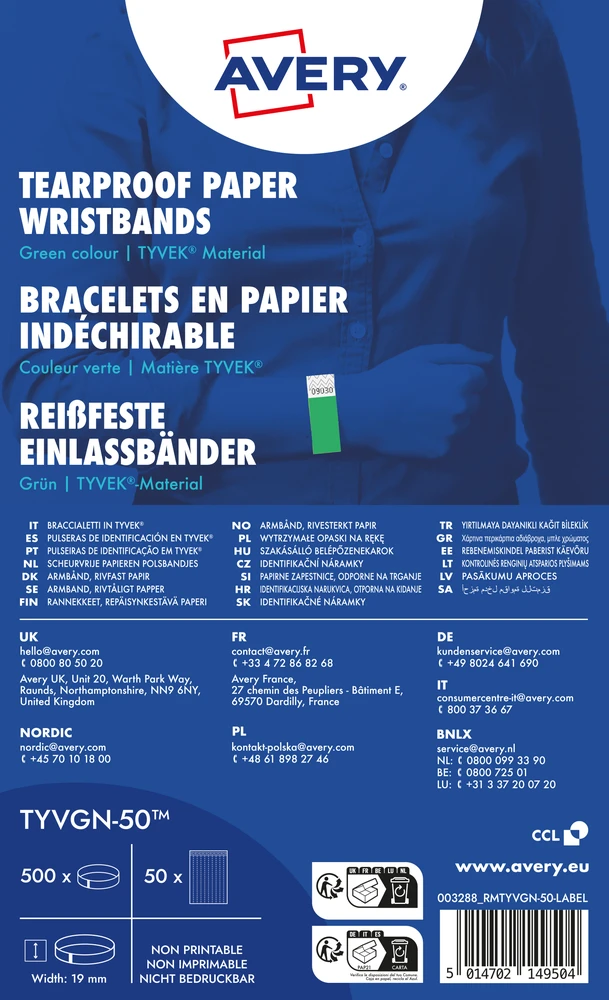 Avery Zweckform Kontrolinė renginių apyrankė Tyvek neoninės žalios spalvos 265x19mm