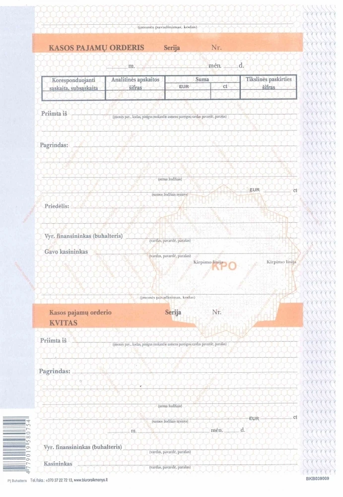 Kasos pajamų orderis, A4, 100 lapų, numeruotas