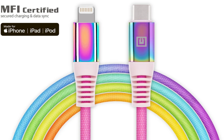 Laidas REAL-EL MFI PD USB Type C - Lightning Rainbow 1m, vaivorykštės spalvos