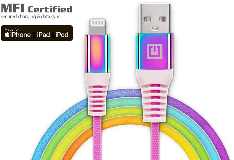Laidas REAL-EL MFI USB A – Lightning Rainbow 1m, vaivorykštės spalvos