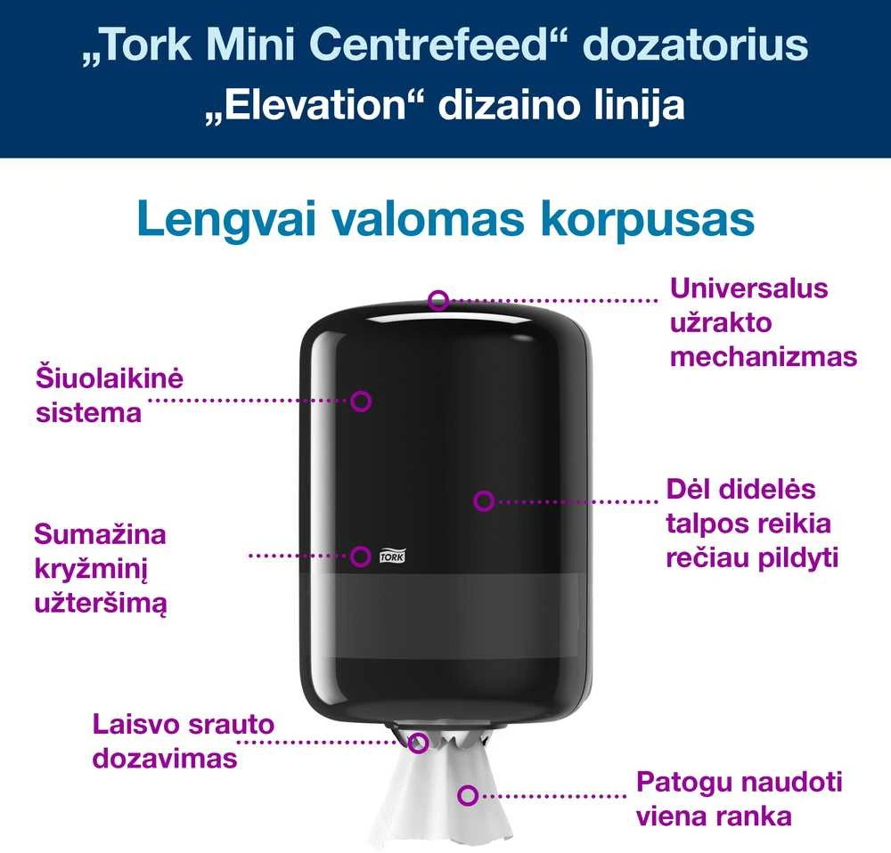 Laikiklis popieriniams rankšluosčiams Tork Centerfeed M2 (559008), juodos spalvos, plastikinis