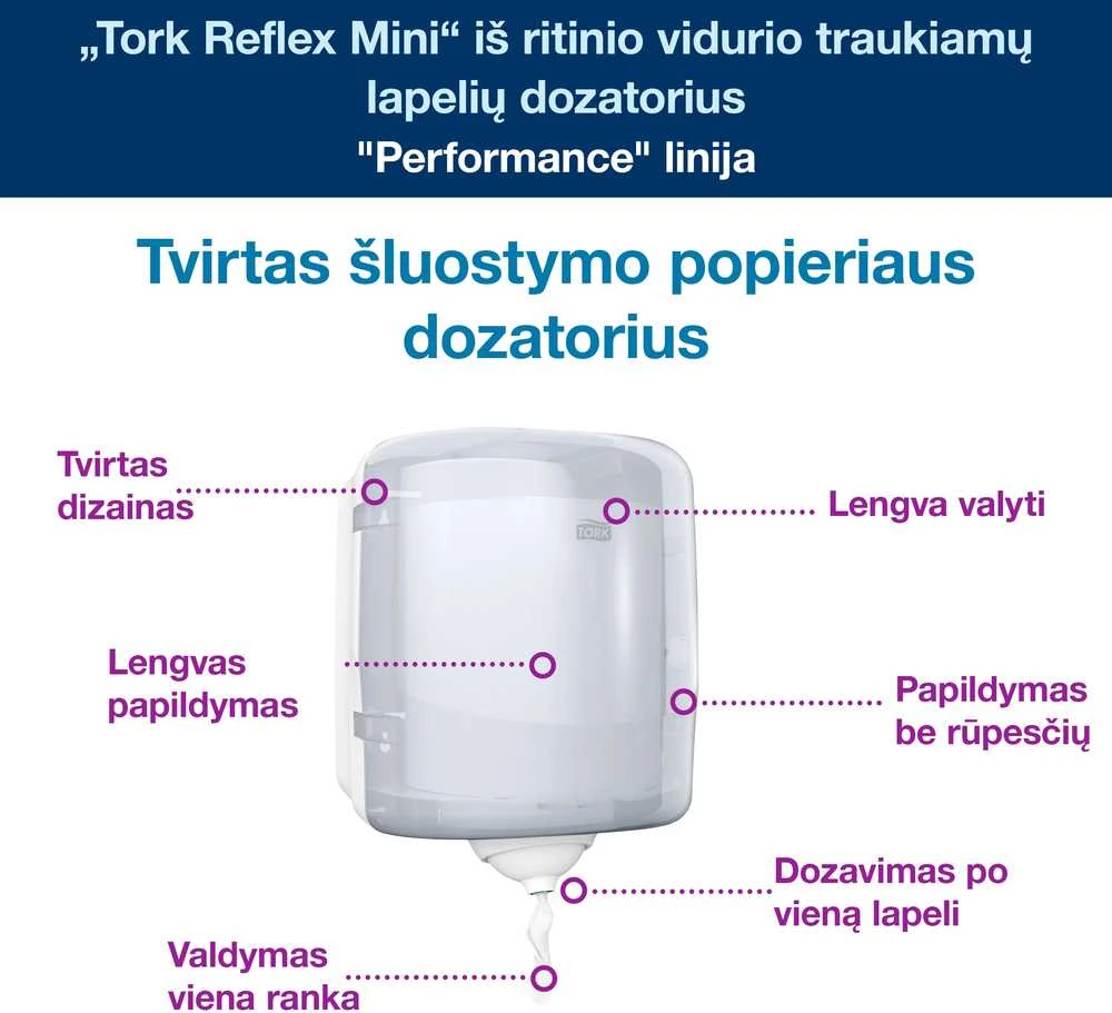 Popierinių rankšluoščių dozatorius TORK Reflex M4, 255 x 239 x 331 mm, balta sp. (473190)