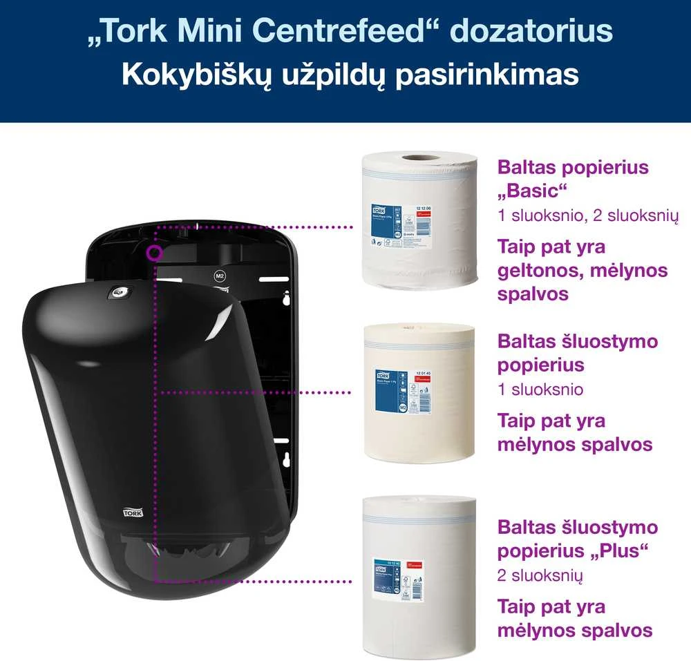 Laikiklis popieriniams rankšluosčiams Tork Centerfeed M2 (559008), juodos spalvos, plastikinis