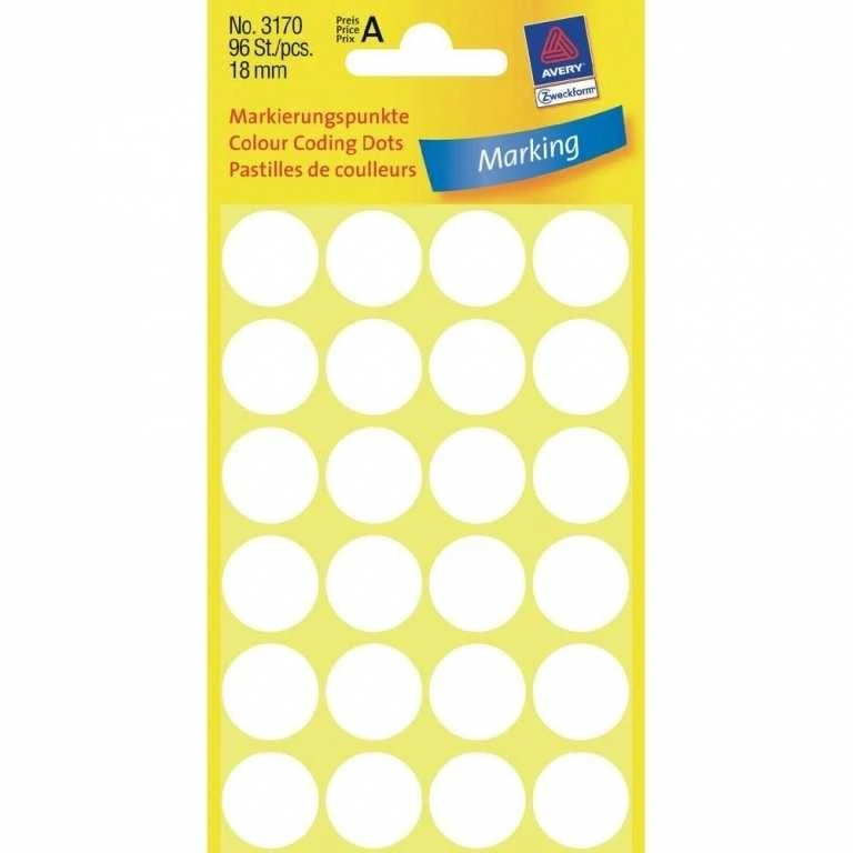 Lipdukai Avery Zweckform, apvalūs, Ø18mm 96vnt pakuotėje, baltos spalvos