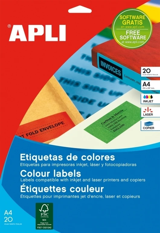 Lipnios etiketės Apli, A4, 105x37mm, 16 etikečių lape, 20 lapų, žalios spalvos