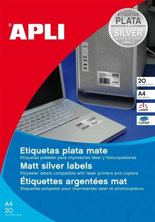 Lipnios etiketės Apli, A4, 210x297mm, atsparios aplinkos poveikiui, poliesterio, 20 lapų, baltos spalvos