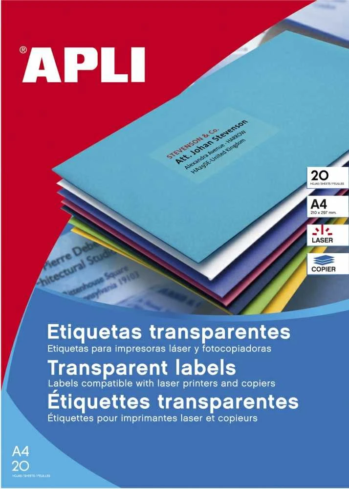 Lipnios etiketės Apli, A4, matinės skaidrios, atsparios aplinkos poveikiui, 210x297 mm, (1) (1) 070