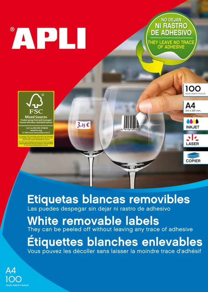 Lipnios etiketės Apli, A4, 36,8×23,8mm, nuimamos, 55 etiketės lape, 100 lapų