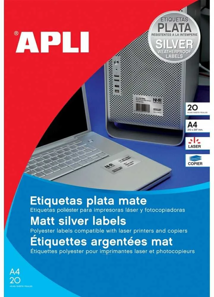 Lipnios etiketės Apli, A4, 45.7×21.2mm, 48 etiketės lape, 20 lapų, sidabrinės spalvos