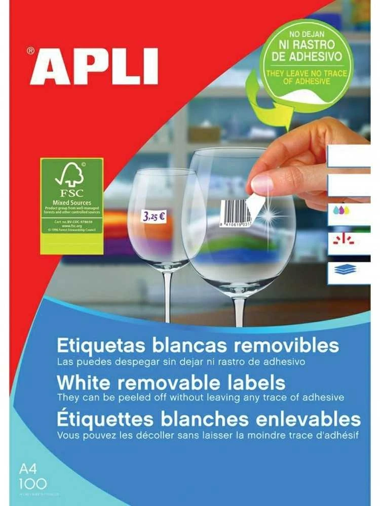Lipnios etiketės Apli, A4, 64.6×33.8mm, nuimamos, 24 etiketės lape, 100 lapų, baltos spalvos