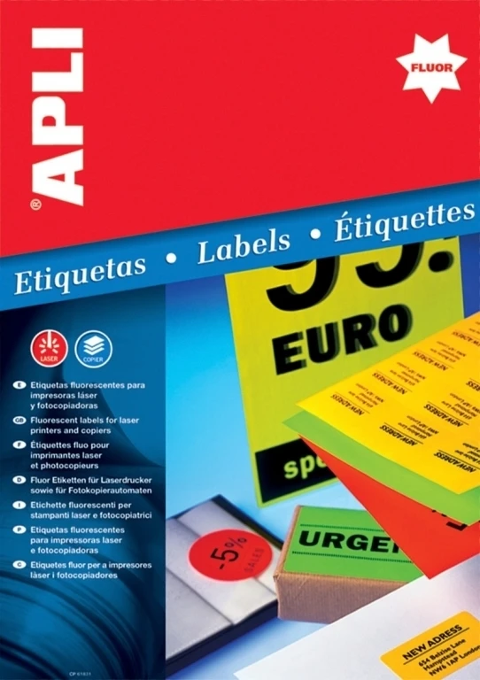Lipnios etiketės Apli, A4, 91,1×67,7mm, 8 etiketės lape, 20 lapų, neoninės oranžinės spalvos