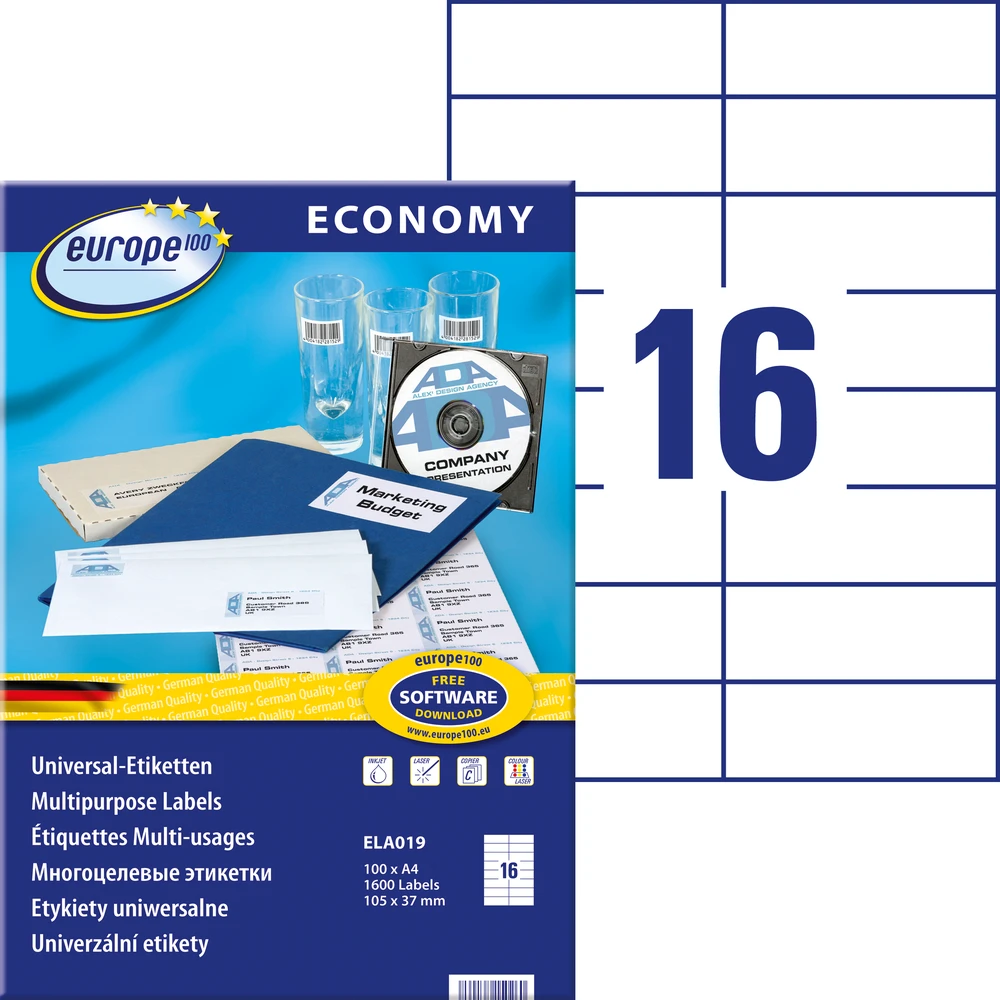 Lipnios etiketės Avery Europe, A4, 105x37mm, 16 etikečių lape, be rėmelio, 100 lapų