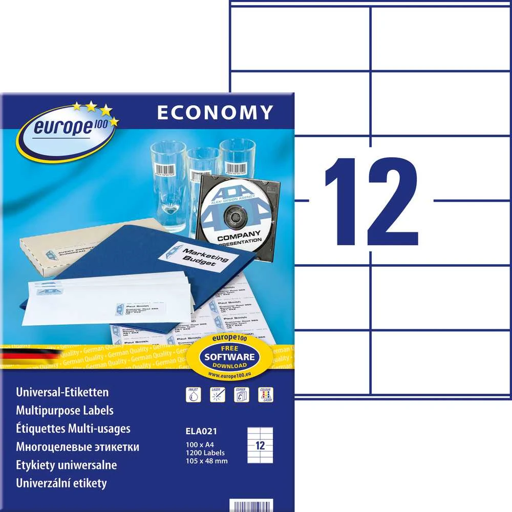 Lipnios etiketės Avery, A4, 105x48mm, 12 etikečių lape, be rėmelio, 100 lapų