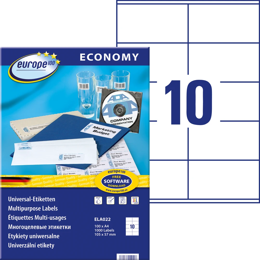Lipnios etiketės Avery, A4, 105x57mm, 10 etikėčių lape, 100 lapų, baltos spalvos