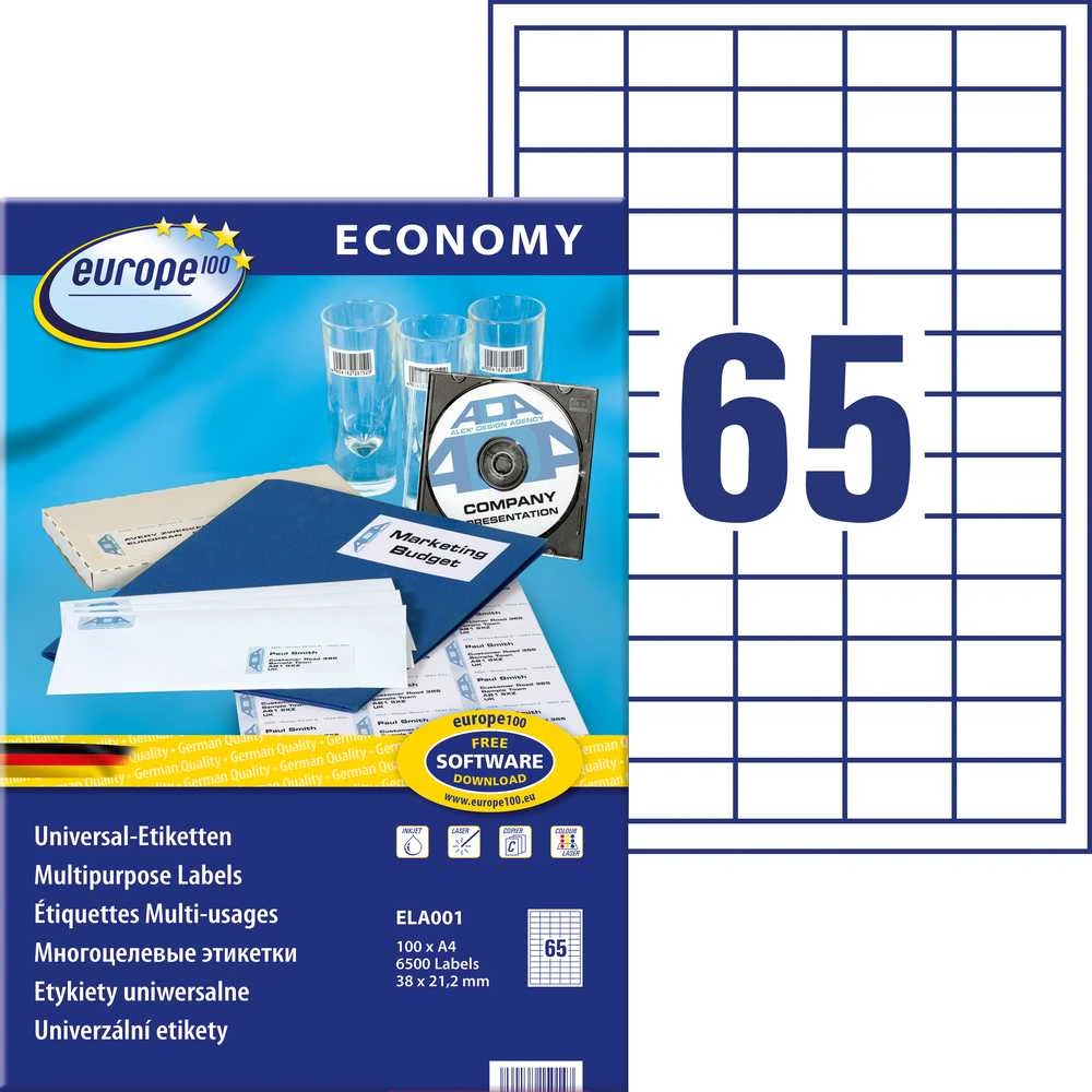 Lipnios etiketės Avery, A4, 38×21,2mm, 65 etiketės lape, 100 lapų, baltos spalvos