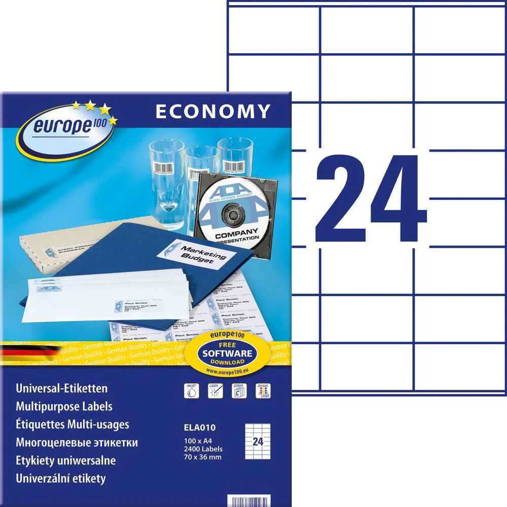 Lipnios etiketės Avery Europe, A4, 70x36mm, 24 etiketės lape, 100 lapų, baltos spalvos