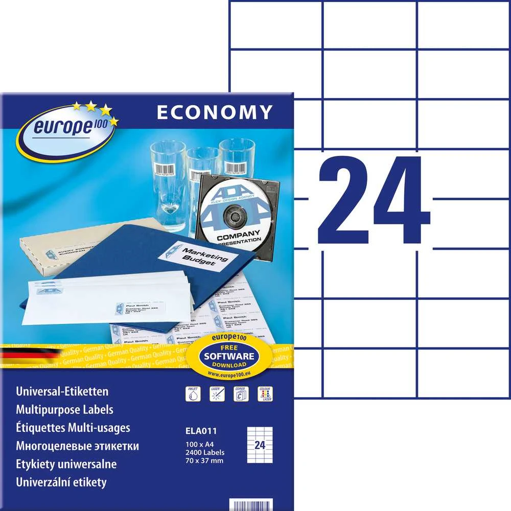 Lipnios etiketės Avery, A4, 70x37mm, 24 etiketės lape, be rėmelio, 100 lapų, baltos spalvos