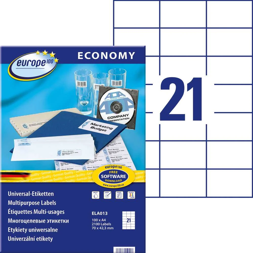 Lipnios etiketės Avery, A4, 70×42.3mm, 21 etiketė lape, be rėmelio, 100 lapų, baltos spalvos