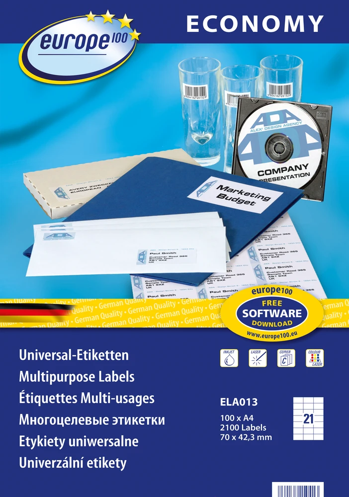 Lipnios etiketės Avery, A4, 70×42.3mm, 21 etiketė lape, be rėmelio, 100 lapų, baltos spalvos