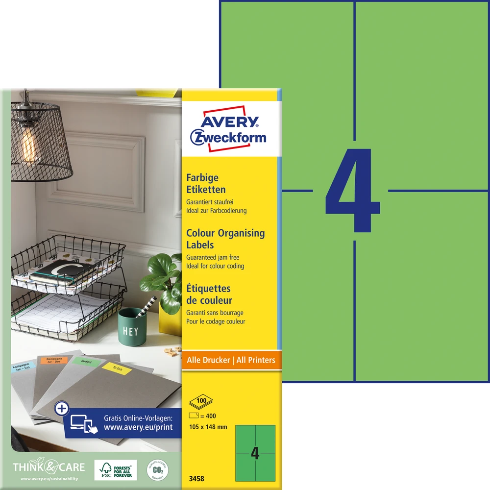 Lipnios etiketės Avery Zweckform, 105x148mm, 4 etiketės lape, 100 lapų, žalios spalvos