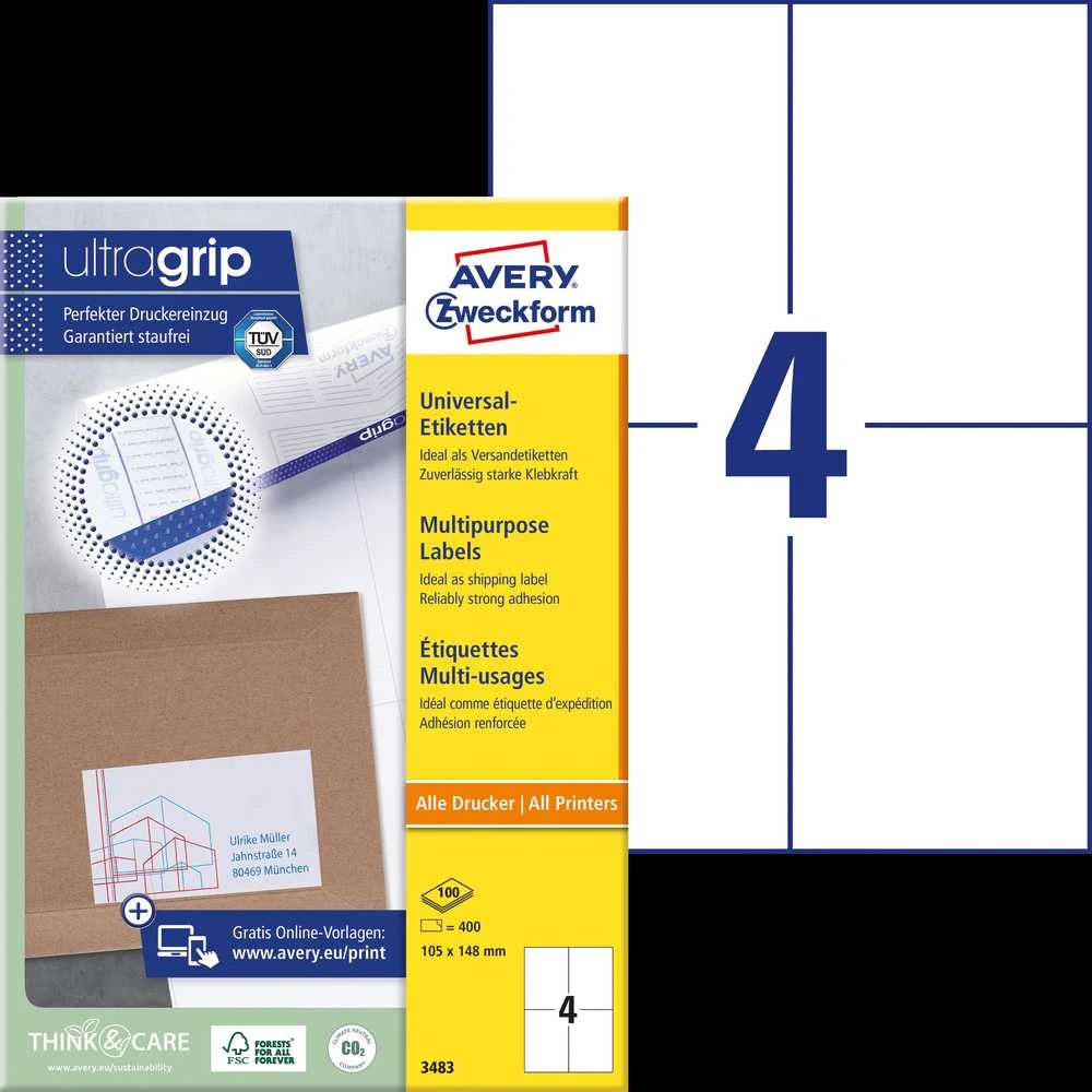 Lipnios etiketės Avery Zweckform, 105x148mm, 4 etiketės lape, 100 lapų, baltos spalvos