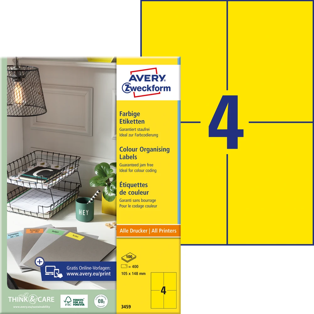 Lipnios etiketės Avery Zweckform, 105x148mm, 4 etiketės lape, 100 lapų, geltonos spalvos