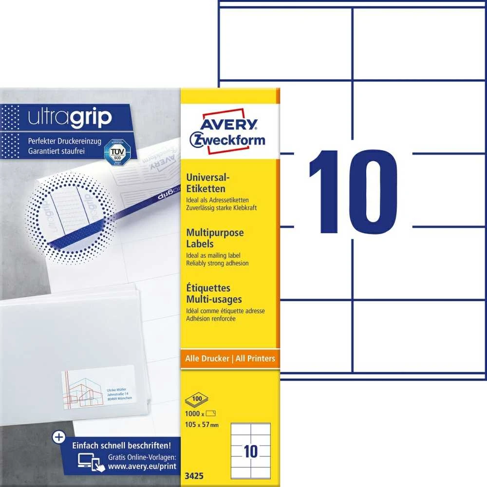 Lipnios etiketės Avery Zweckform, 105x57mm, A4, 10 etikečių lape, 100 lapų, baltos spalvos