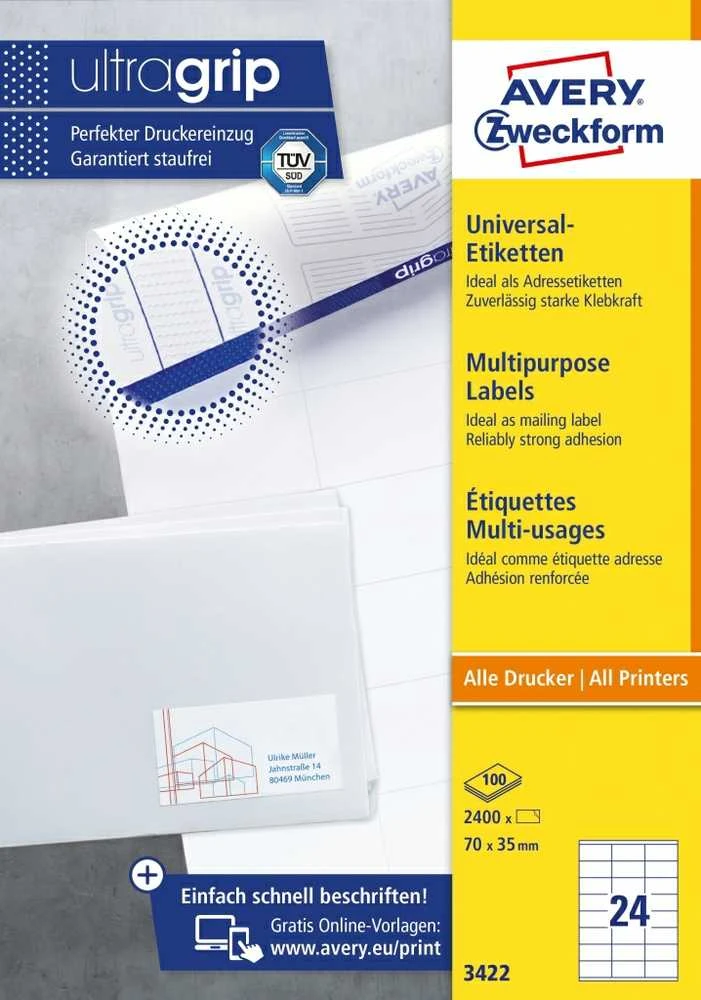 Lipnios etiketės Avery Zweckform, 70x35mm, A4, 24 etiketės lape, 100 lapų, baltos spalvos