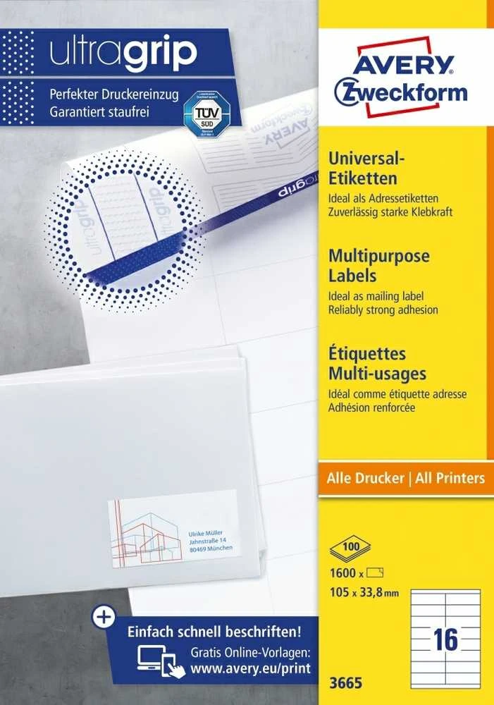Lipnios etiketės Avery Zweckform, A4, 105×33,8mm, 16 etikečių lape, 100 lapų, baltos spalvos