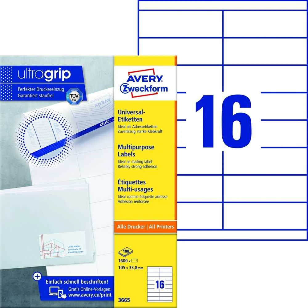 Lipnios etiketės Avery Zweckform, A4, 105×33,8mm, 16 etikečių lape, 100 lapų, baltos spalvos