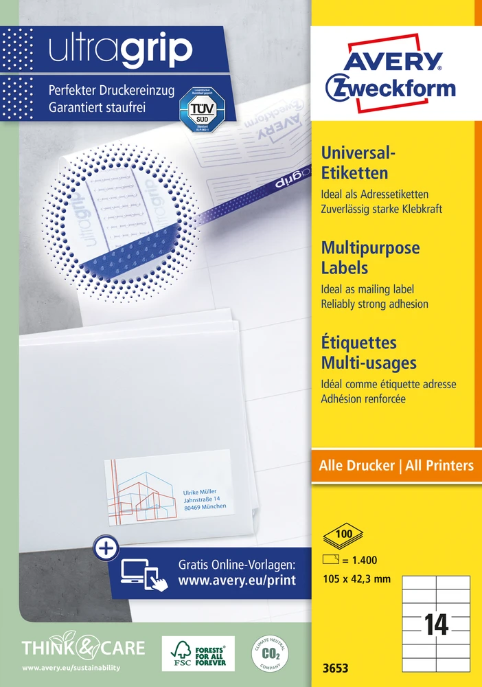 Lipnios etiketės Avery Zweckform, A4, 105×42,3mm, 14 etikėčių lape, be rėmelio, 100 lapų, baltos spalvos