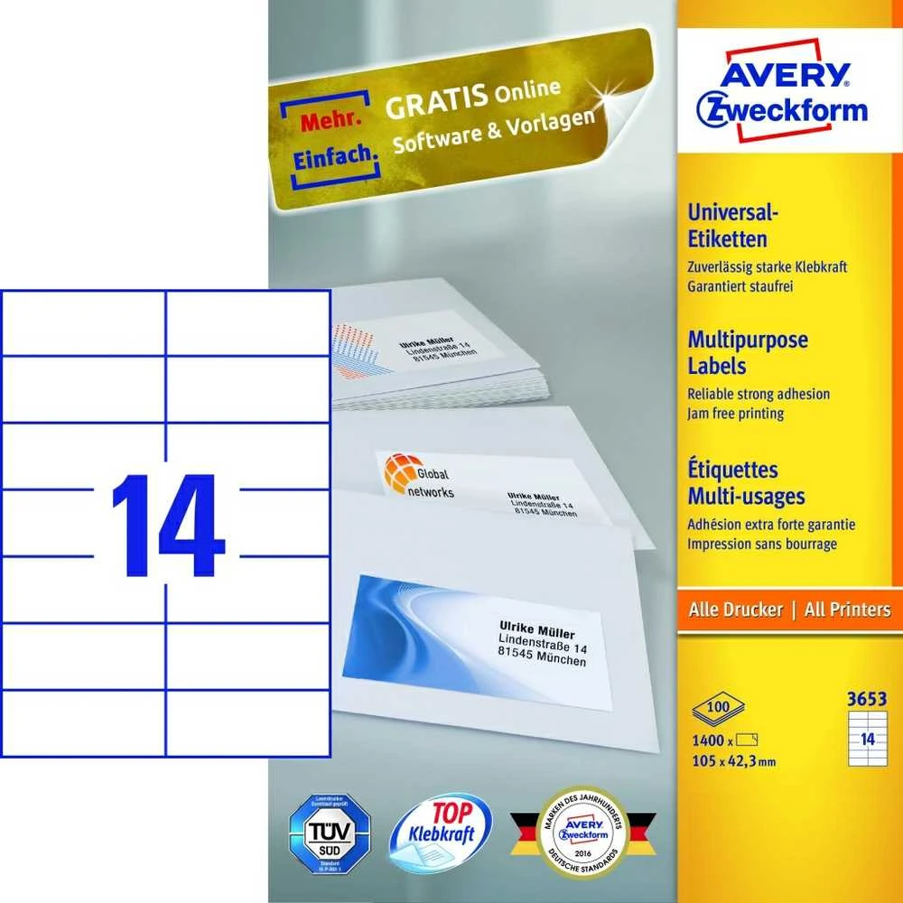 Lipnios etiketės Avery Zweckform, A4, 105×42,3mm, 14 etikėčių lape, be rėmelio, 100 lapų, baltos spalvos