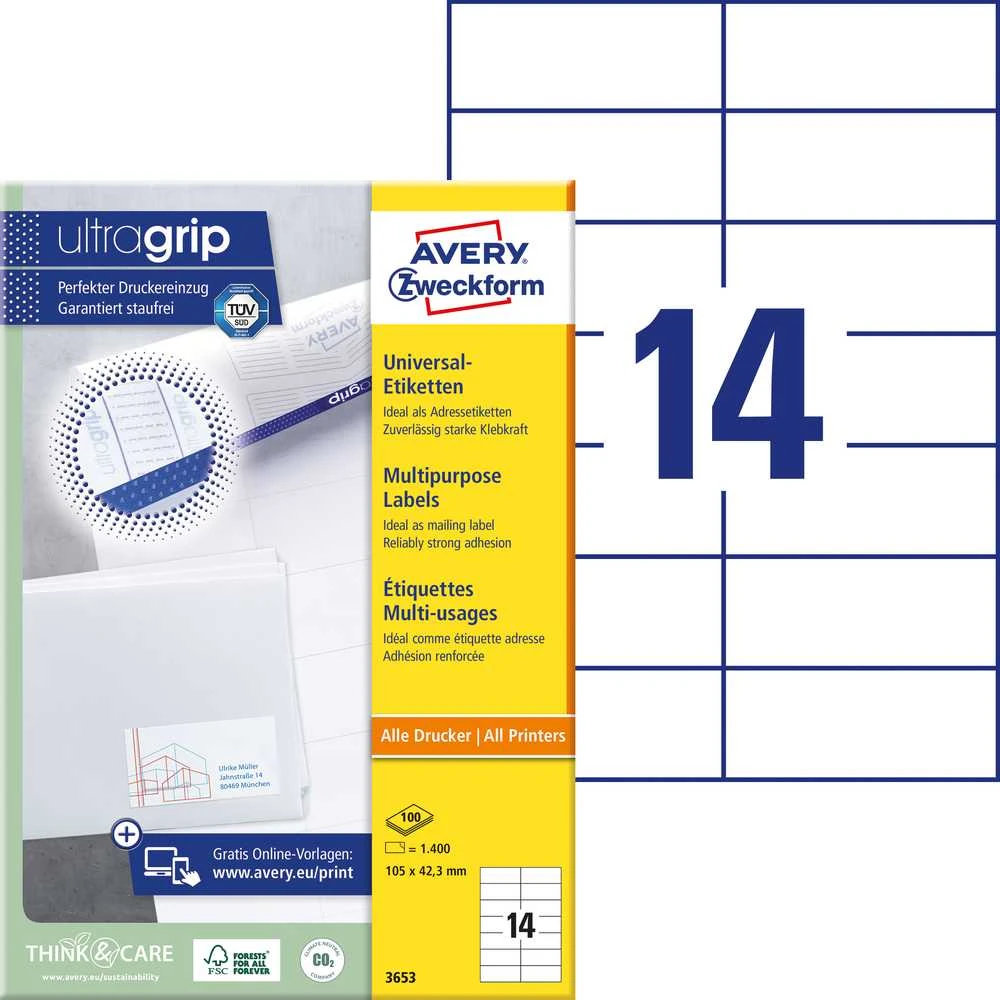 Lipnios etiketės Avery Zweckform, A4, 105×42,3mm, 14 etikėčių lape, be rėmelio, 100 lapų, baltos spalvos
