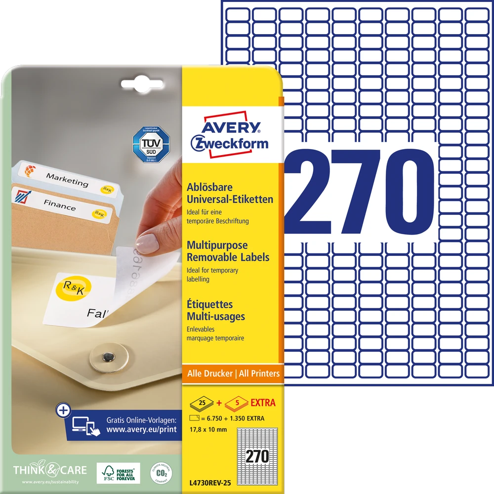 Lipnios etiketės Avery Zweckform, A4, 17.8x10mm, 270 etikečių lape, 25 lapai