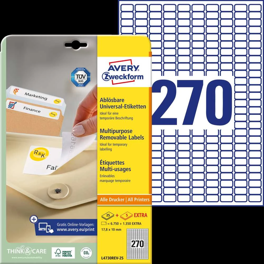Lipnios etiketės Avery Zweckform, A4, 17.8x10mm, 270 etikečių lape, 25 lapai