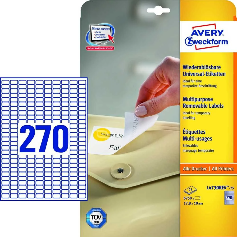 Lipnios etiketės Avery Zweckform, A4, 17.8x10mm, 270 etikečių lape, 25 lapai