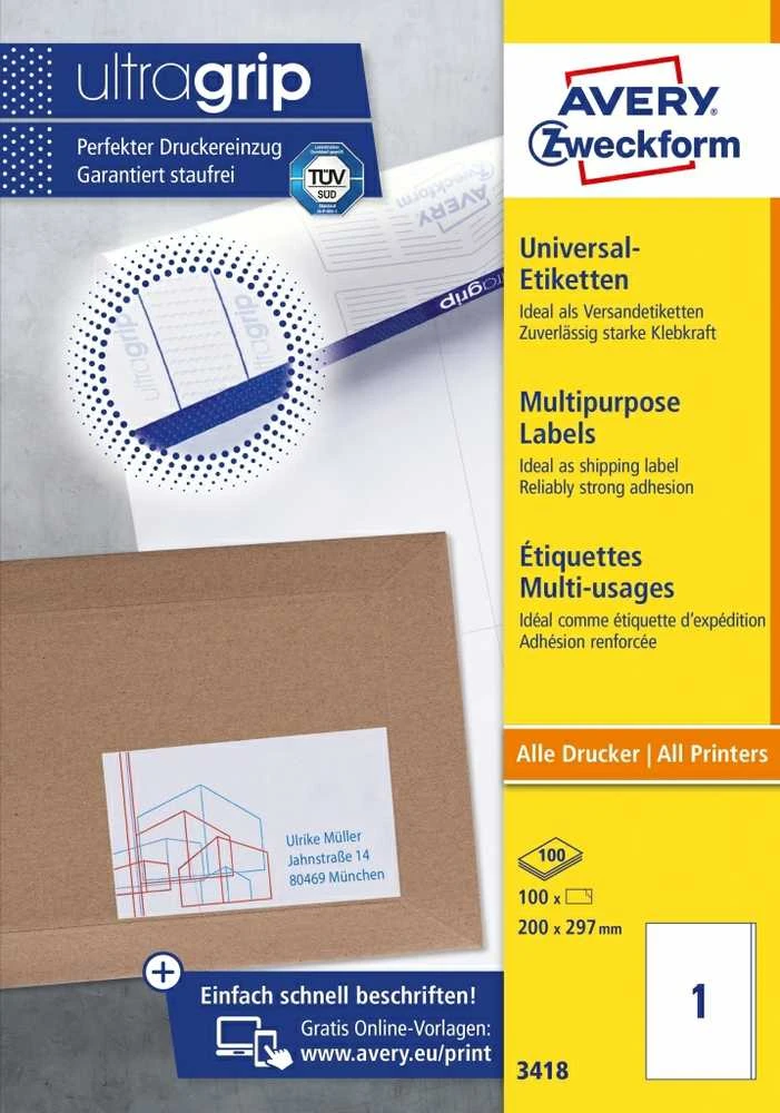 Lipnios etiketės Avery Zweckform, A4, 200x297mm, 1 etiketė lape, su rėmeliu, 100 lapų, baltos spalvos