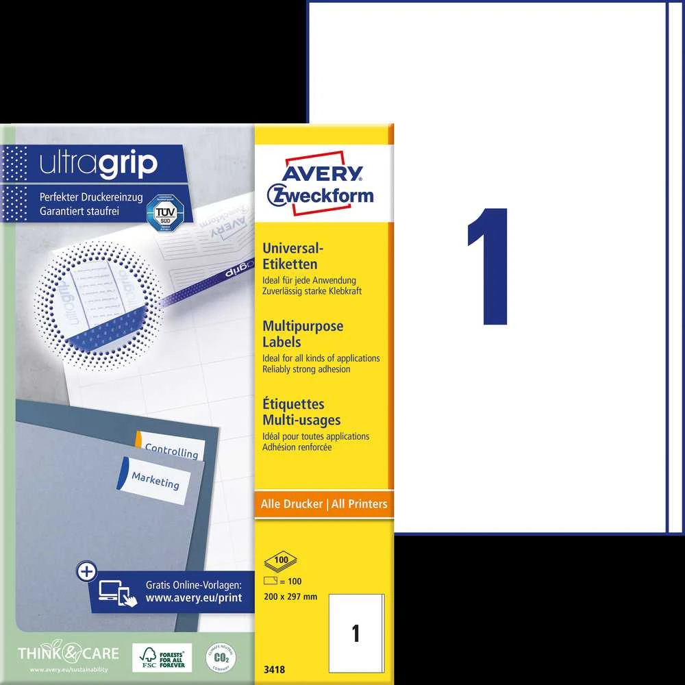 Lipnios etiketės Avery Zweckform, A4, 200x297mm, 1 etiketė lape, su rėmeliu, 100 lapų, baltos spalvos