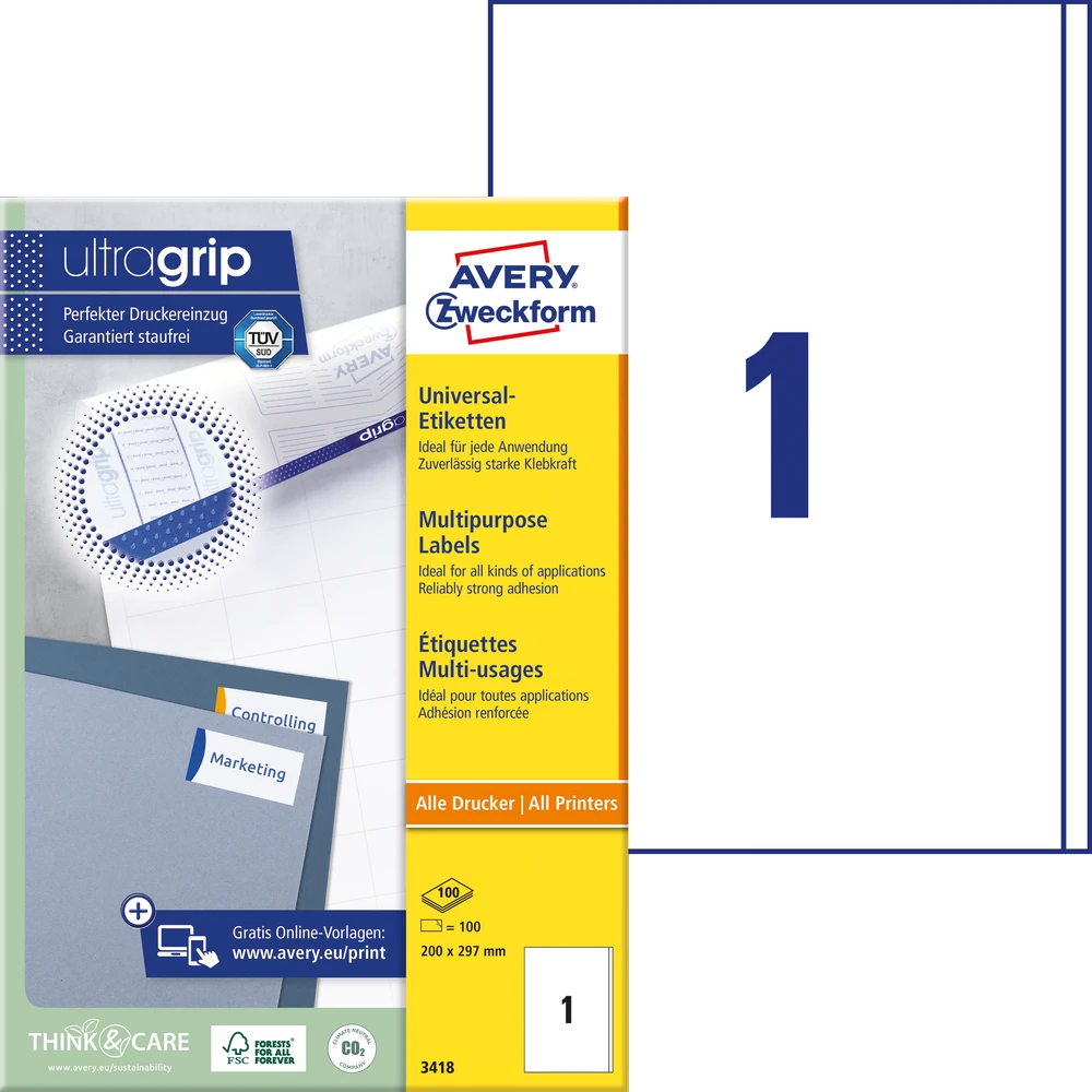 Lipnios etiketės Avery Zweckform, A4, 200x297mm, 1 etiketė lape, su rėmeliu, 100 lapų, baltos spalvos