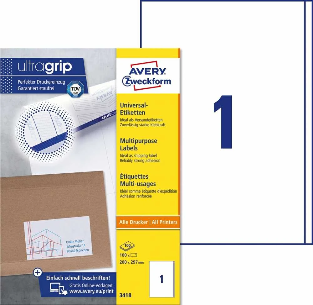 Lipnios etiketės Avery Zweckform, A4, 200x297mm, 1 etiketė lape, su rėmeliu, 100 lapų, baltos spalvos