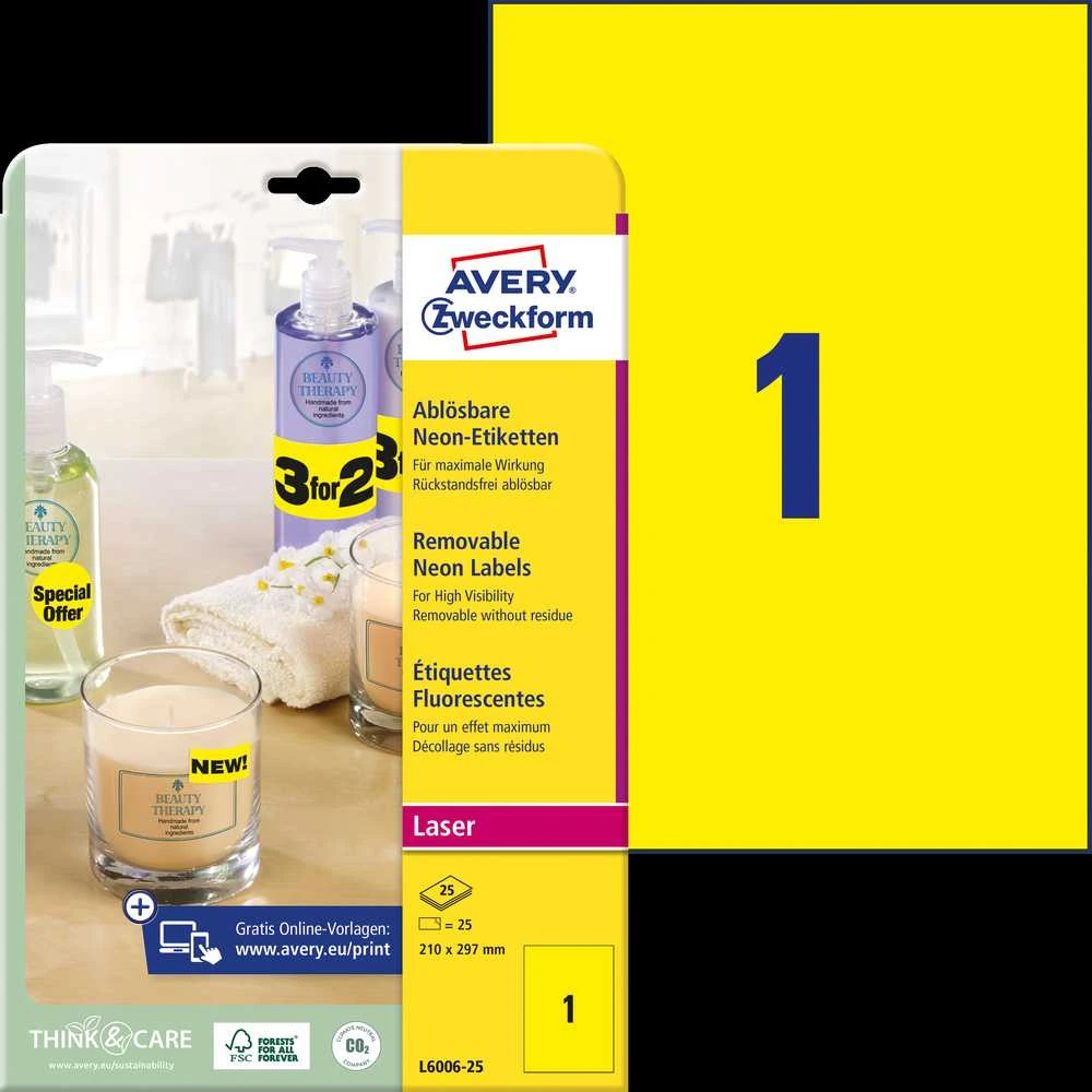 Lipnios etiketės Avery Zweckform, A4, 210x297mm, 25 lapai, neoninės geltonos spalvos
